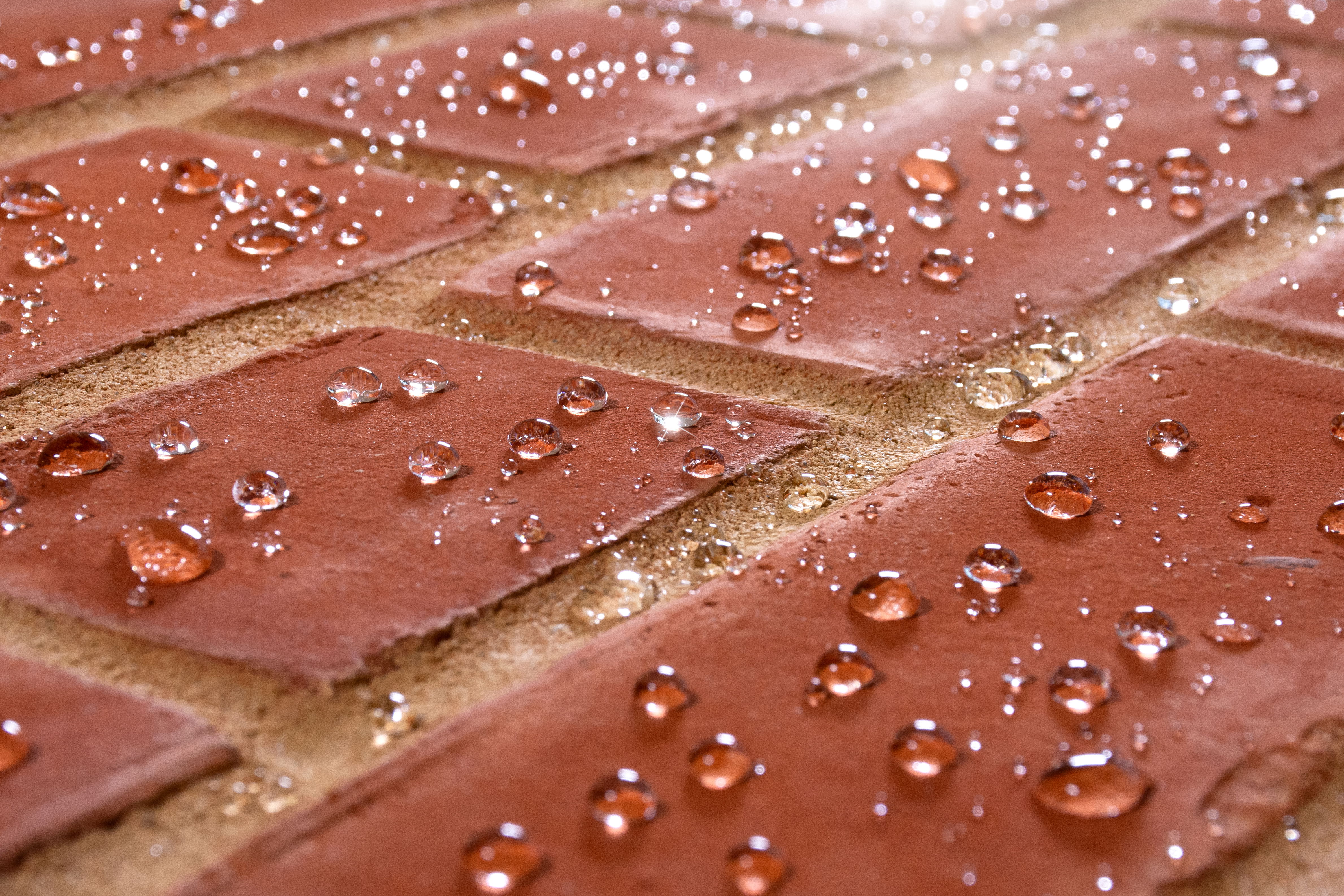 Close-up of a brick that shows rain beading.
