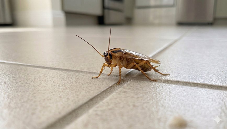 Close-up of a single adult German cockroach, Blattella germanica, on a clean, light-coloured kitchen floor.