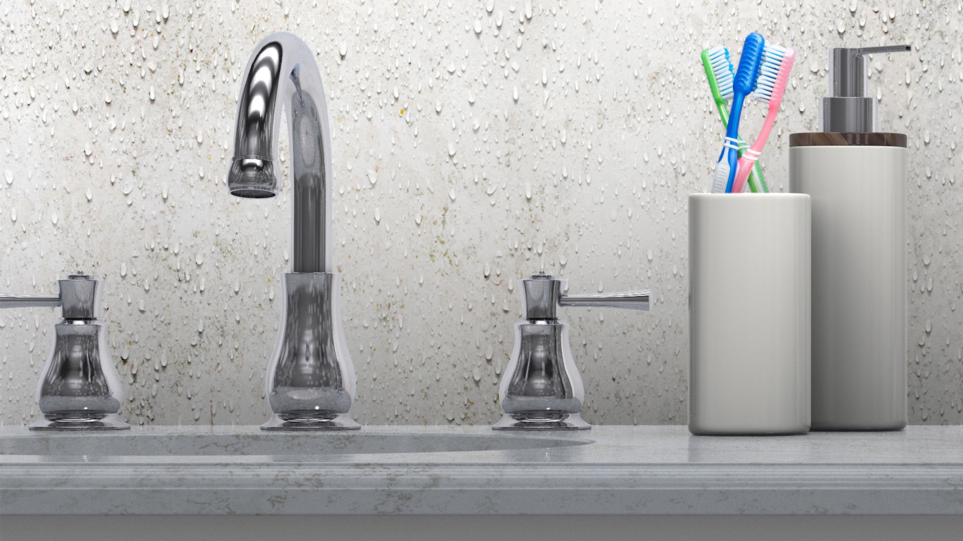 Condensation and mould growth in a bathroom wall. In the foregeround, a tap, toothbrush holder and soap dispenser.