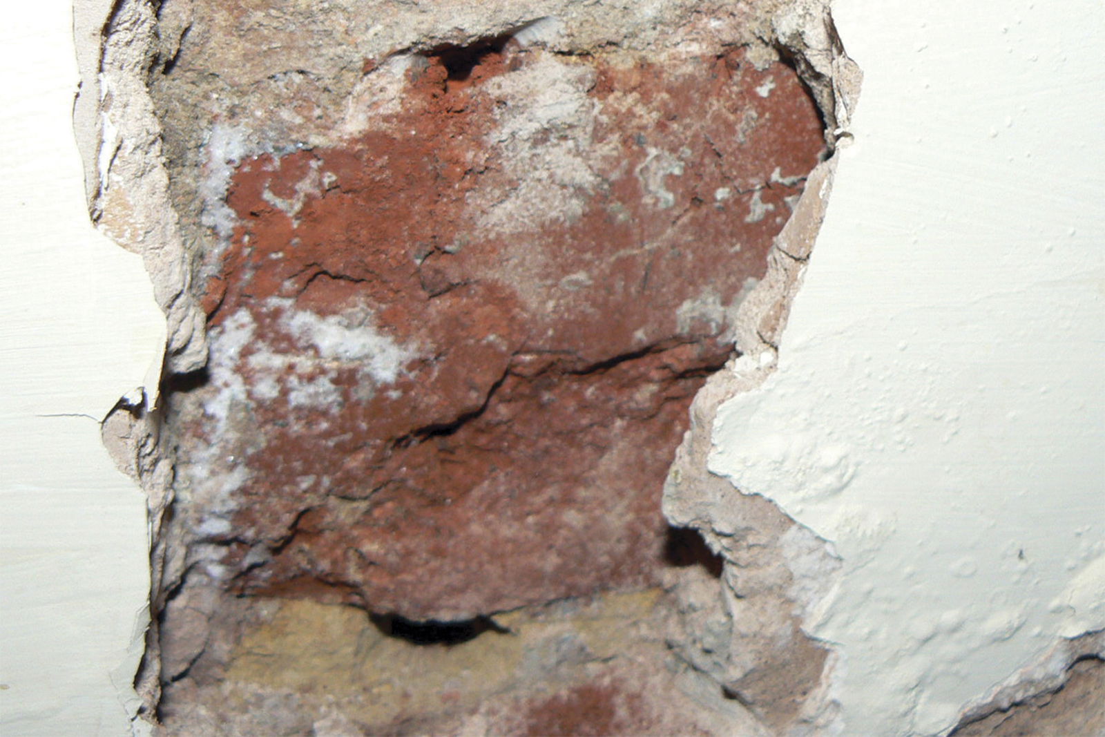 Salt efflorescence on a brick wall as a result of rising damp.
