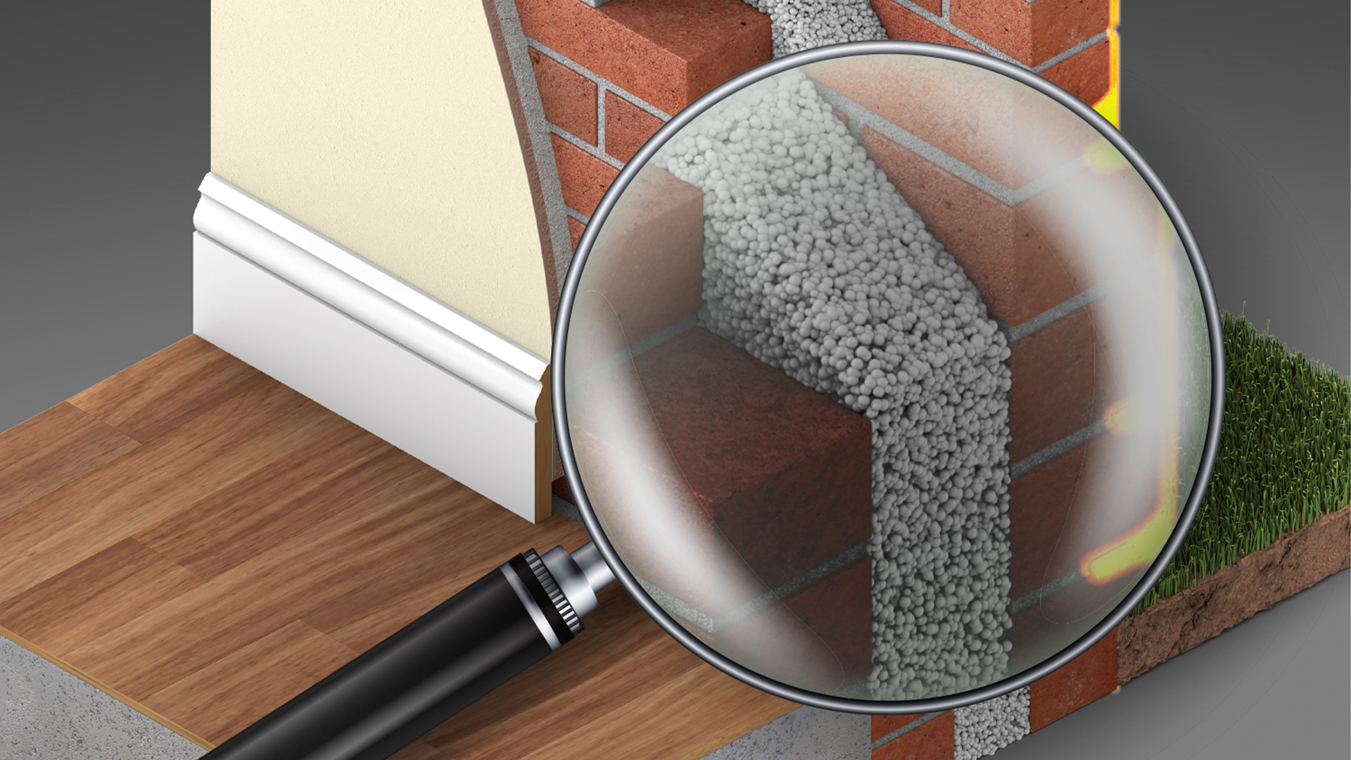A magnifying glass showing internal wall insulation beads inside a cavity wall.