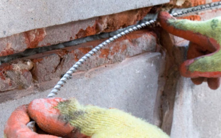 A contractor installing a masonry repair stitching into an external wall.
