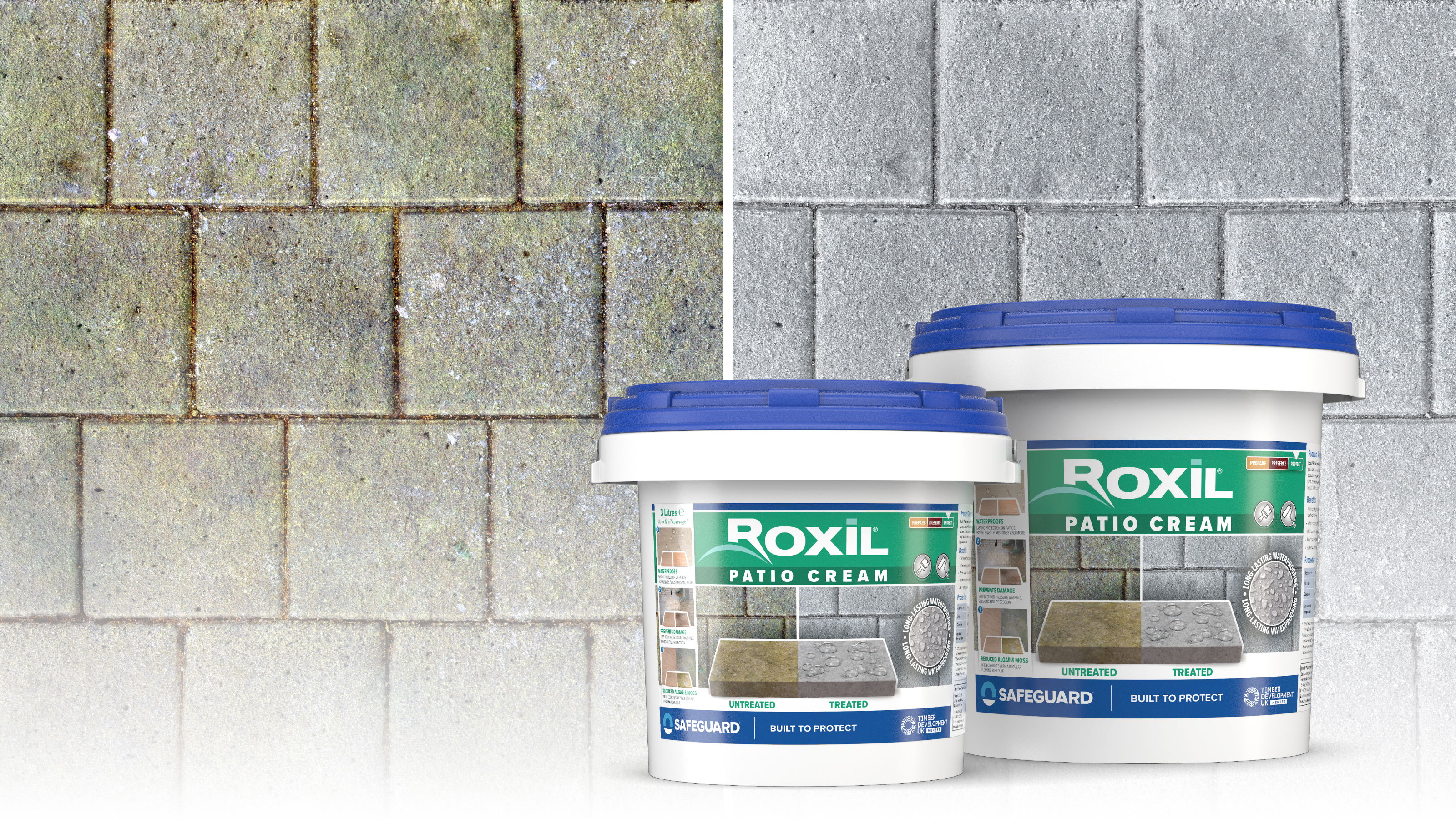 Roxil Patio Cream range with before/after patio