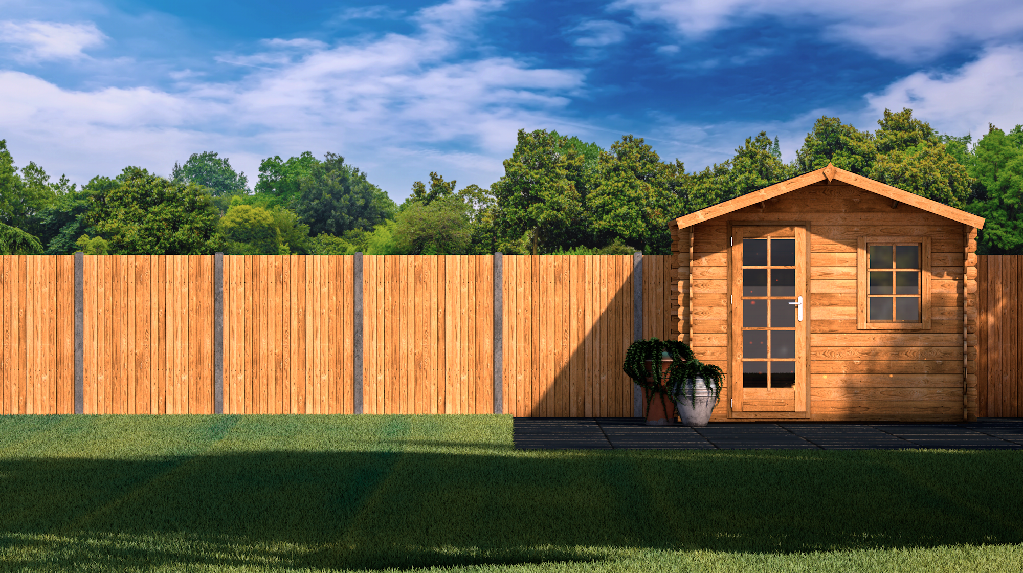 A wooden shed in a green garden with a blue sky.