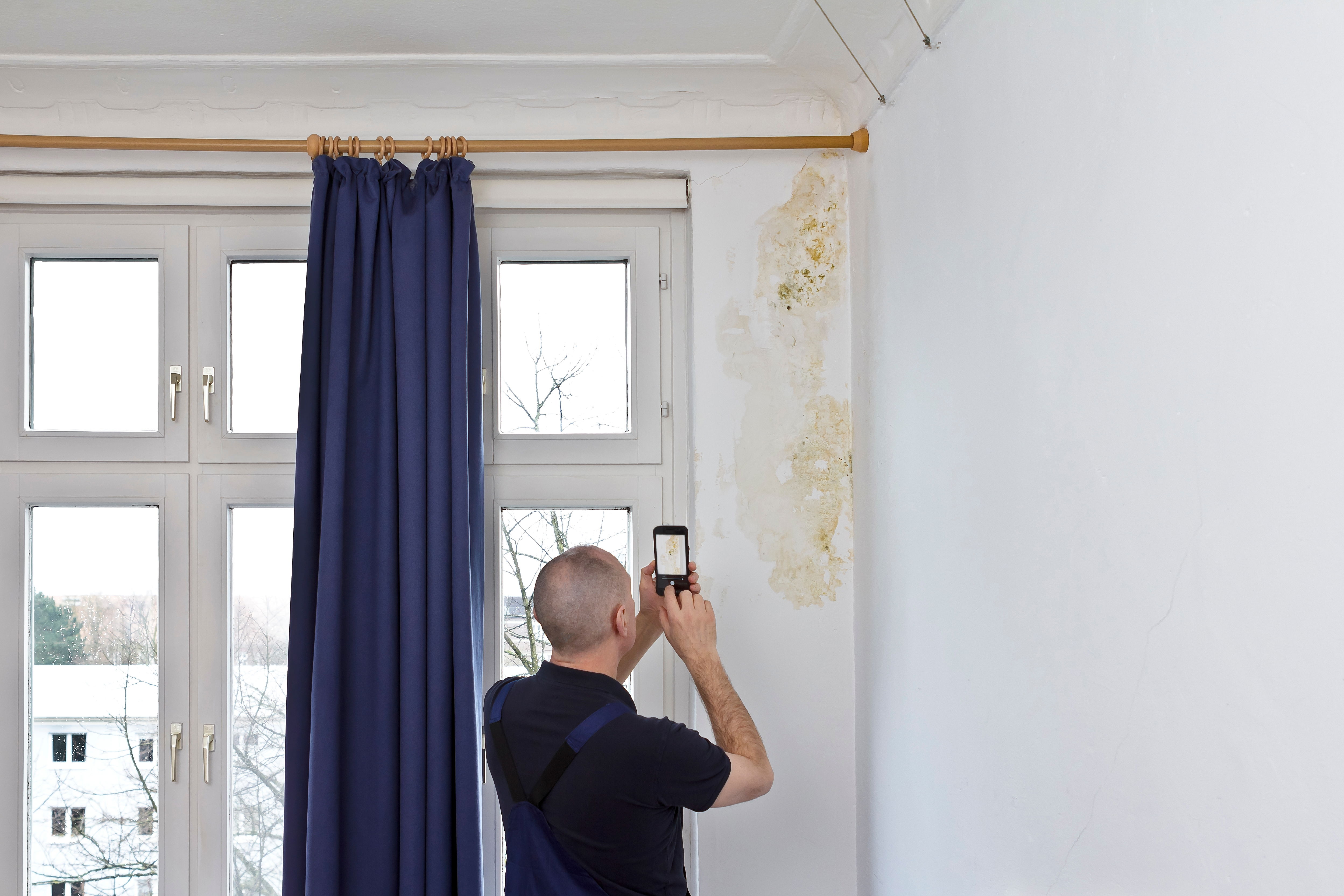 A landlord documents mould on a wall by taking a photograph.