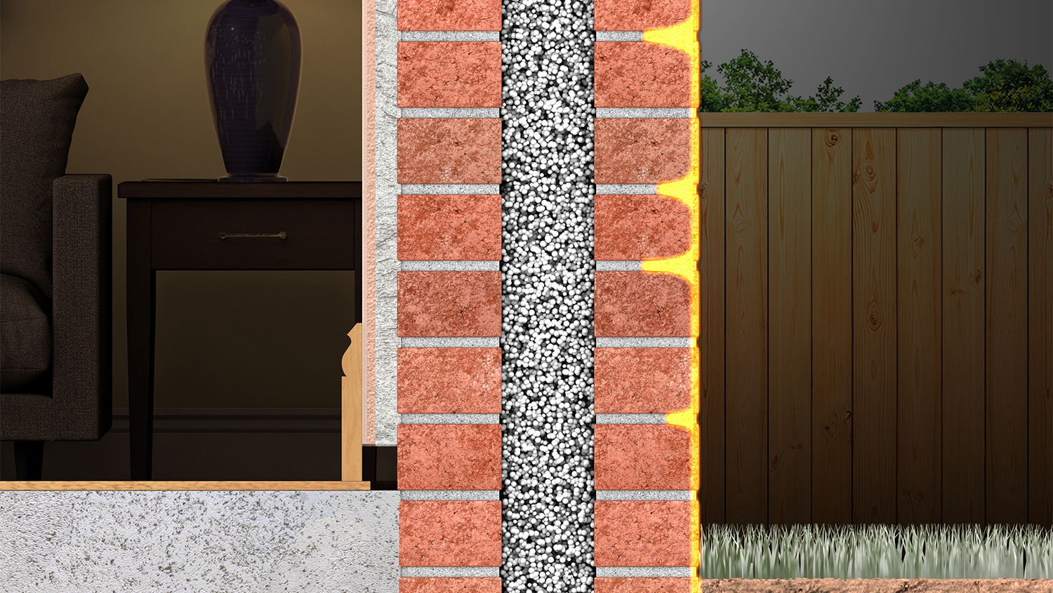 A diagram that shows the route that penetrating damp from wind driven rain takes through a cavity wall.