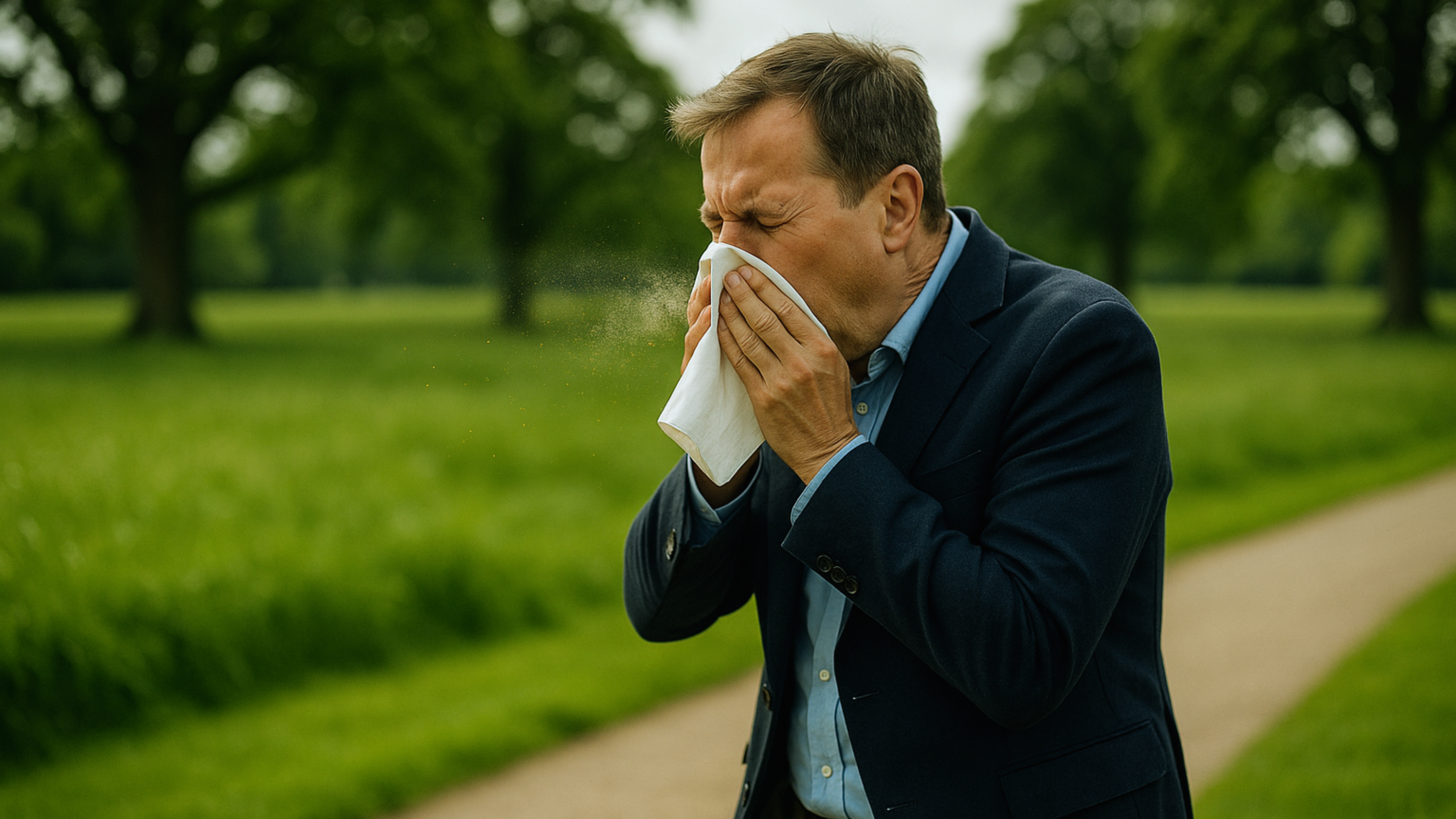 A man sneezes in the park, with a cloud of pollen near