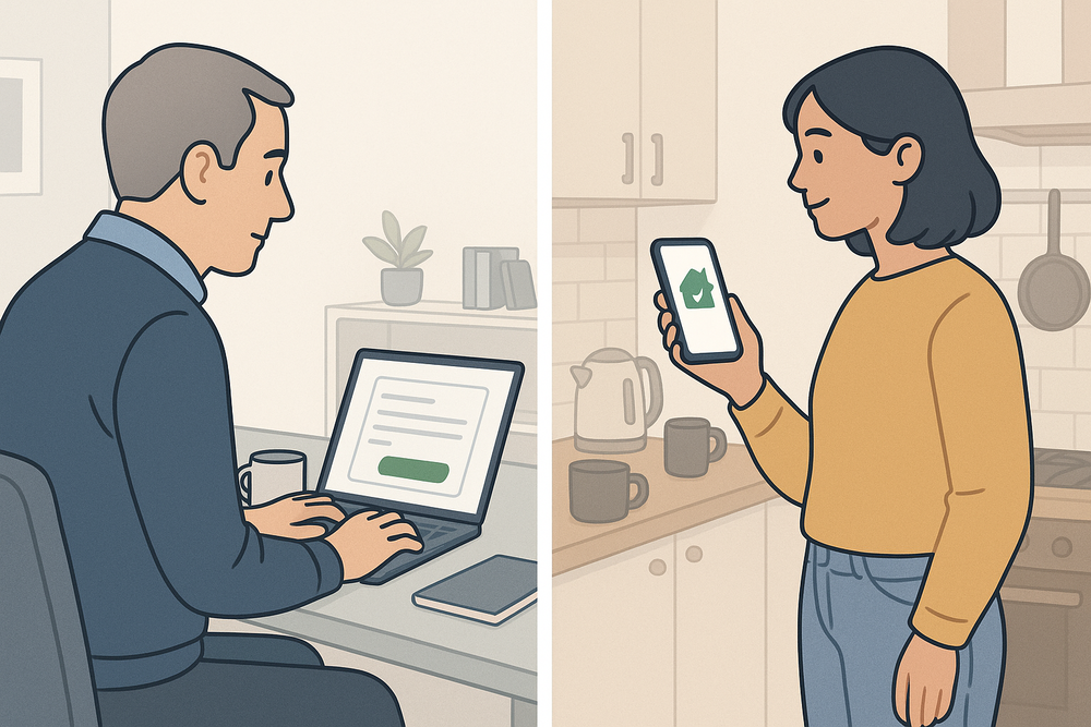 On the right, a landlord registers on the Private Rented Sector Database. On the right, a tenant checks the database.