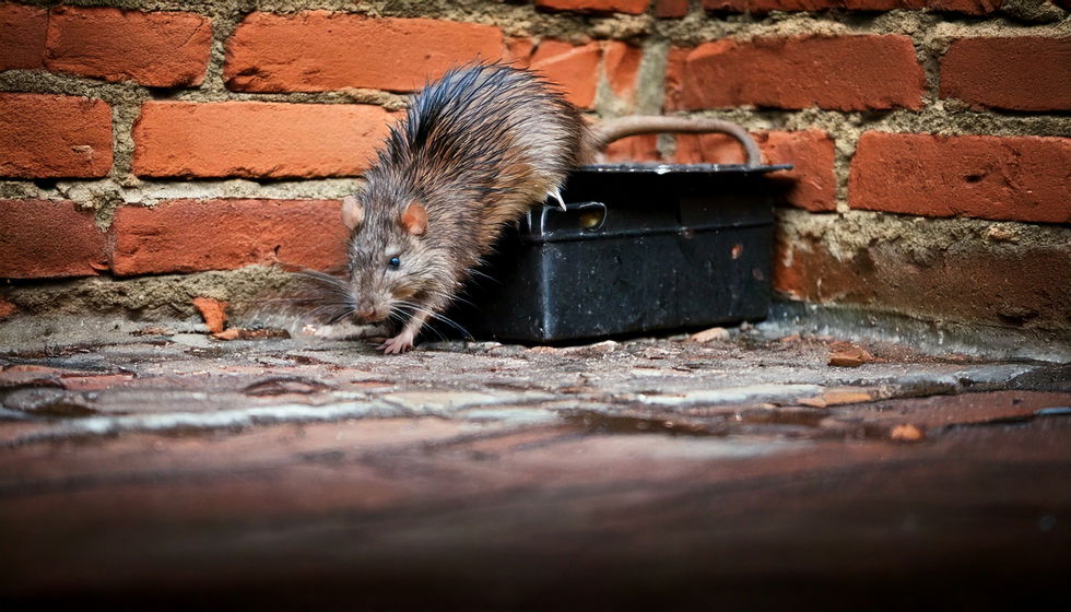 Large wet greasy menacing brown rat climbing on black plastic box with dark hole outdoor