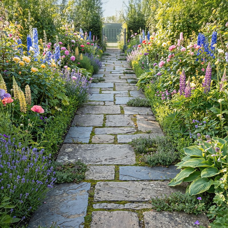 A stone path in a wild garden, filled with flowers. An iron gate stands on the horizon.