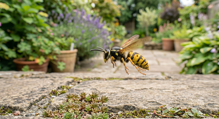 A Wasp hovering close to a patio in a UK garden.