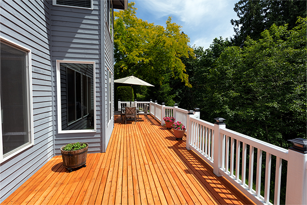 A red cedar outdoor wooden deck.