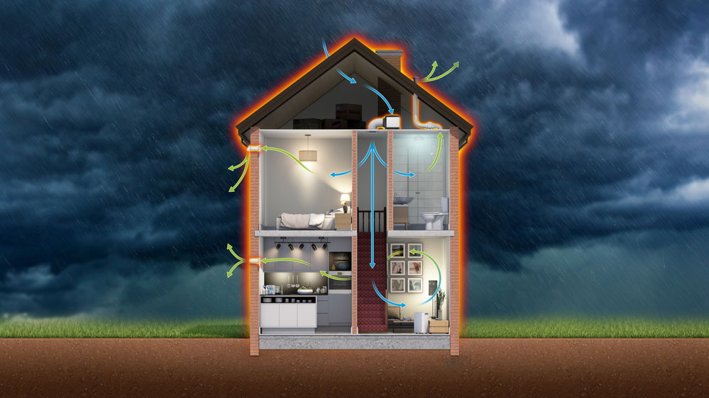A cutaway illustration of a house, showing ventilation routes through.