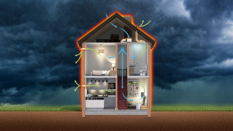 A cutaway illustration of a house, showing ventilation routes through.