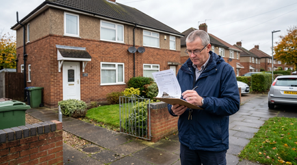 A landlord stands outside a UK house with a checklist.