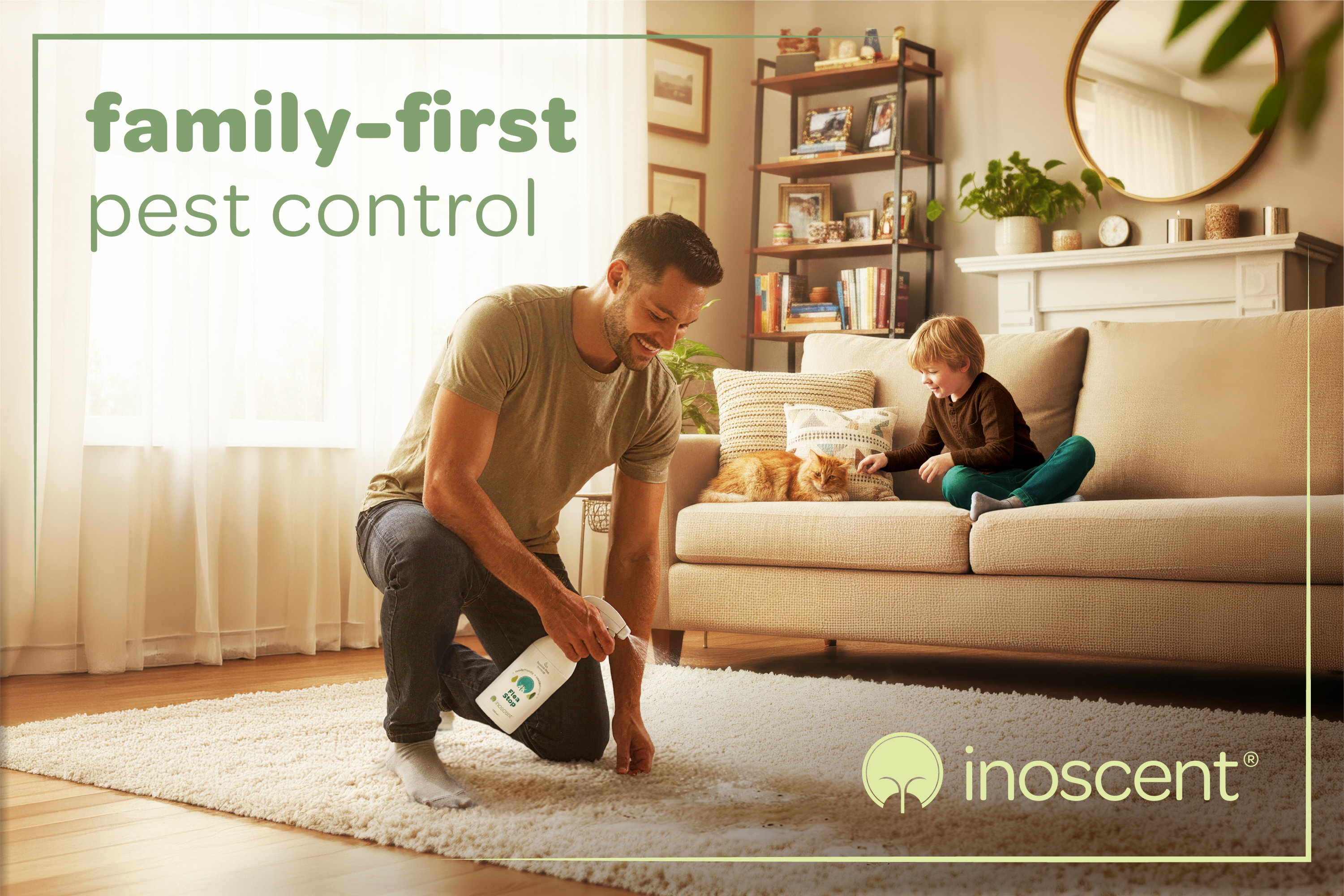 A father sprays Inoscent spray on a living room carpet.