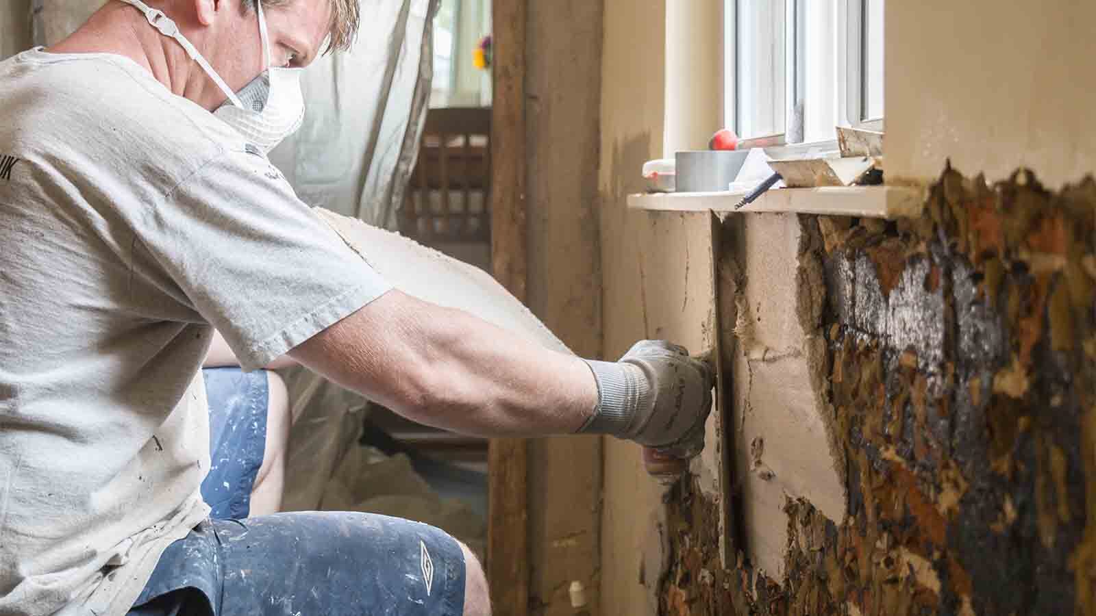 A plasterer applies Dryzone Renovation Plaster to an internal wall at a home in Warnham.