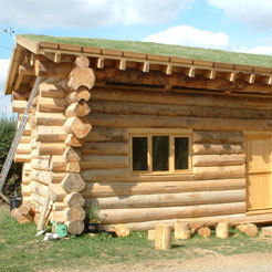 A timber log cabin in Aberystwyth, Scotland.