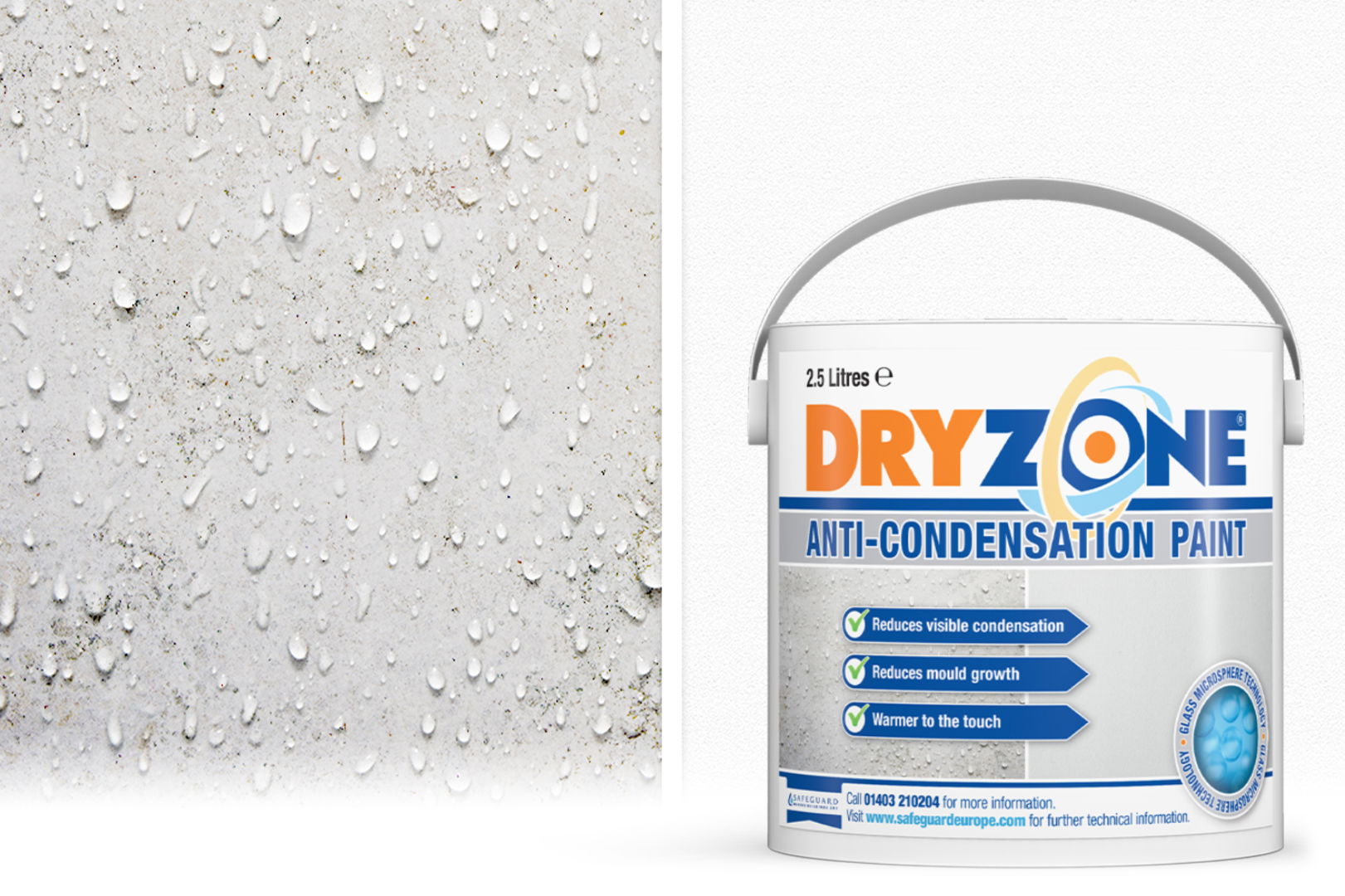 Dryzone Anti-Condensation Paint next to an example of an untreated wall.