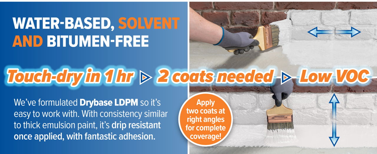 Drybase White LDPM is water-based, solvent-free and bitumen-free.