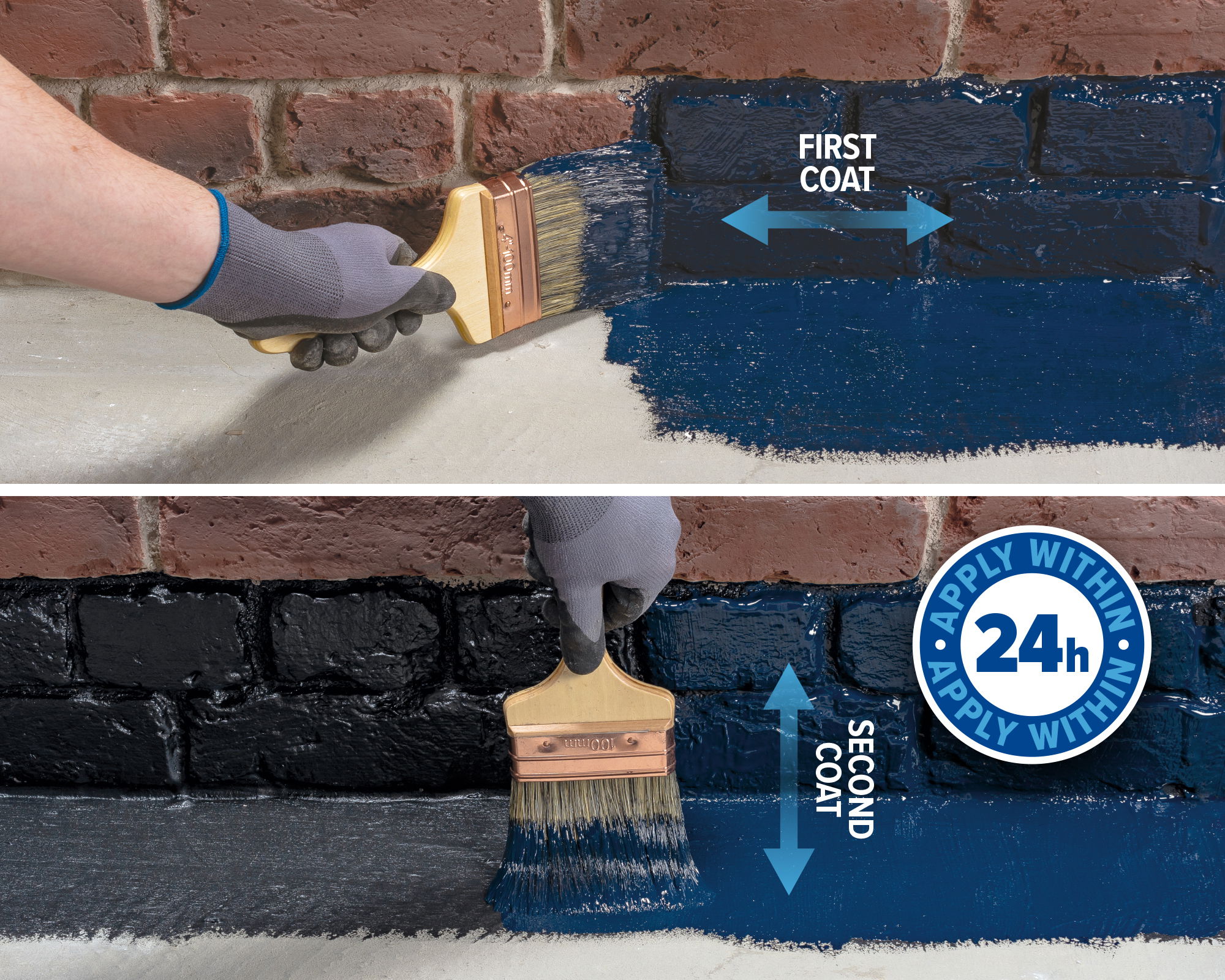 A contractor applies both coat of Drybase LDPM. 1st coat: horizontal. 2nd coat: vertical.