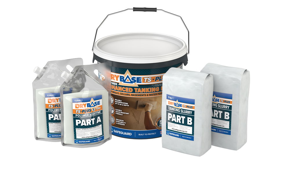 A display arrangement of Drybase TS-PLUS Tanking Slurry and its included components (white b/g)