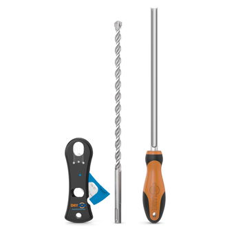 A Dryrod Cutting Tool, an SDS drillbit and a Dryrod Hole Cleaning Tool.