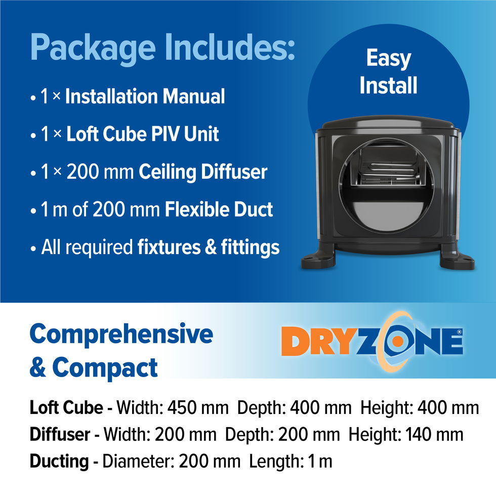 Everything included in the Dryzone Loft Cube PIV Unit package.