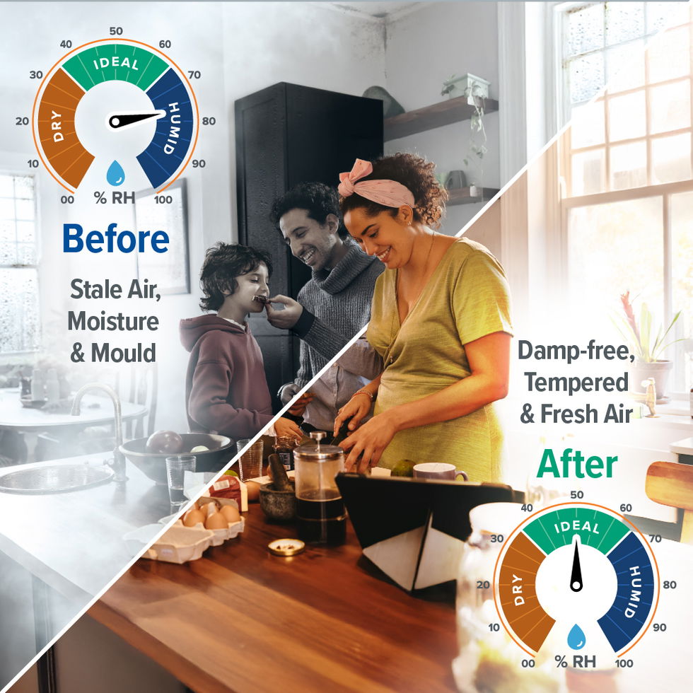 Before: Stale air, moisture and mould. After: damp-free, tempered and fresh air.