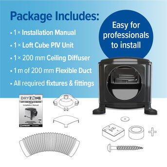 Everything included in the Dryzone Loft Cube PIV Unit package.