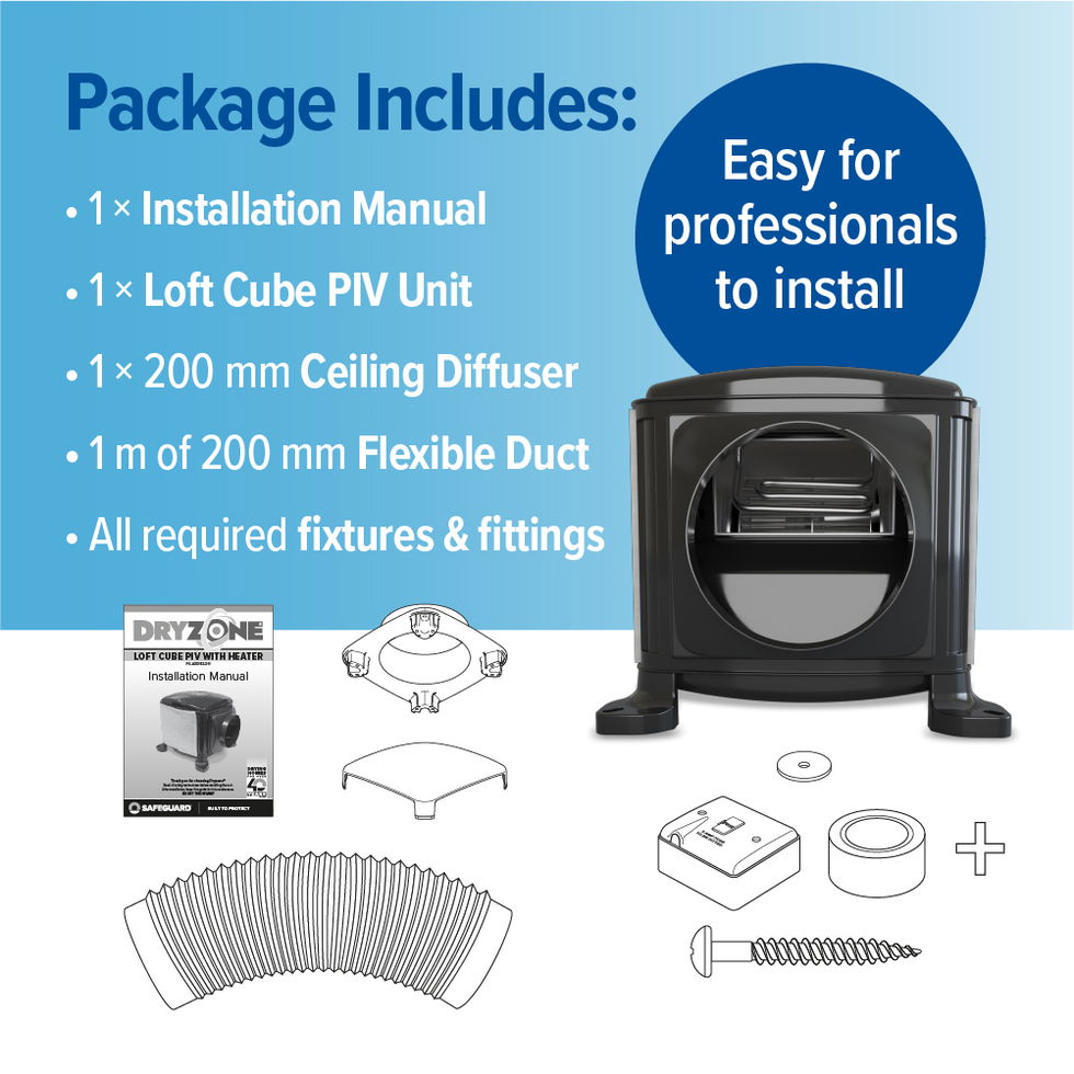 Everything included in the Dryzone Loft Cube PIV Unit package.