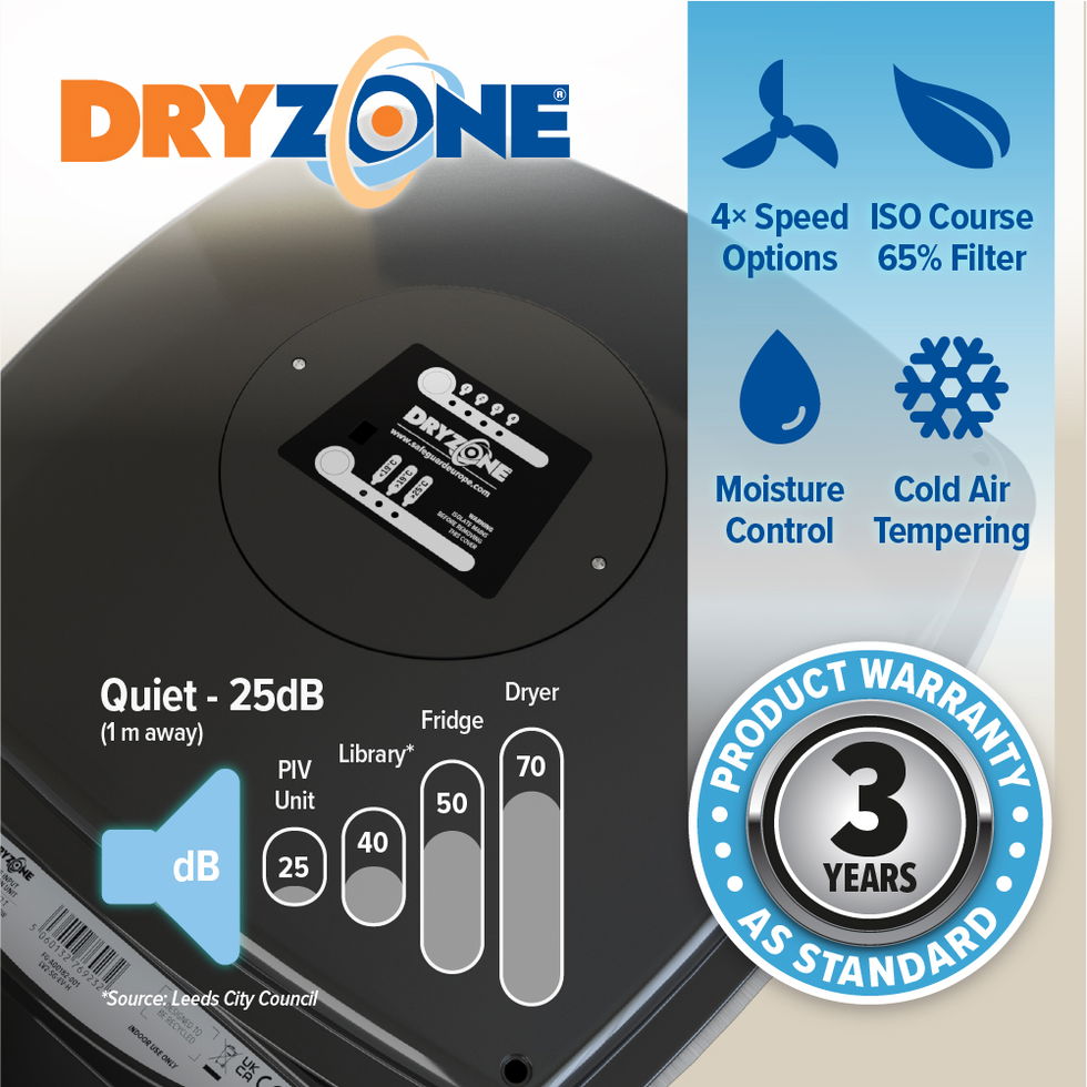 The Dryzone Loft Cube PIV is quiet, with a 3-year product warranty.