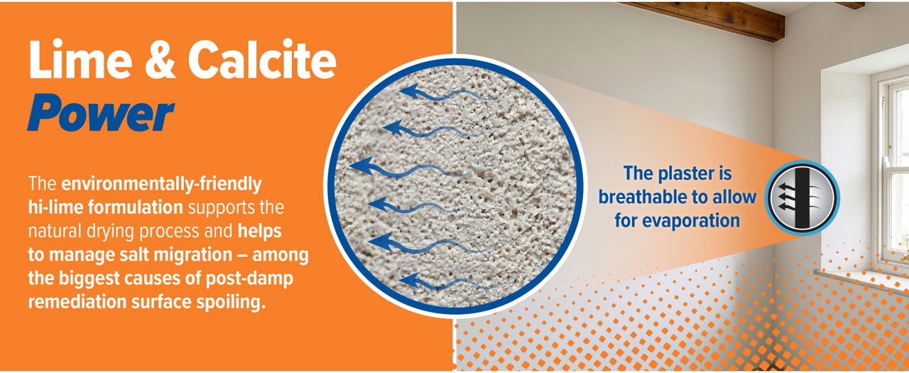 Dryzone Hi-Lime Plaster features lime and calcite power