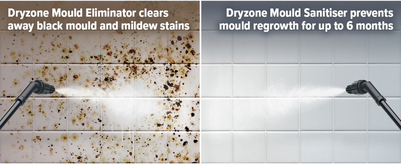 Dryzone Mould Eliminator and Sanitiser work as a two-part system to clean and prevent mould.
