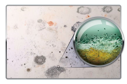 Zoomed in view of black mould growth on a wall.