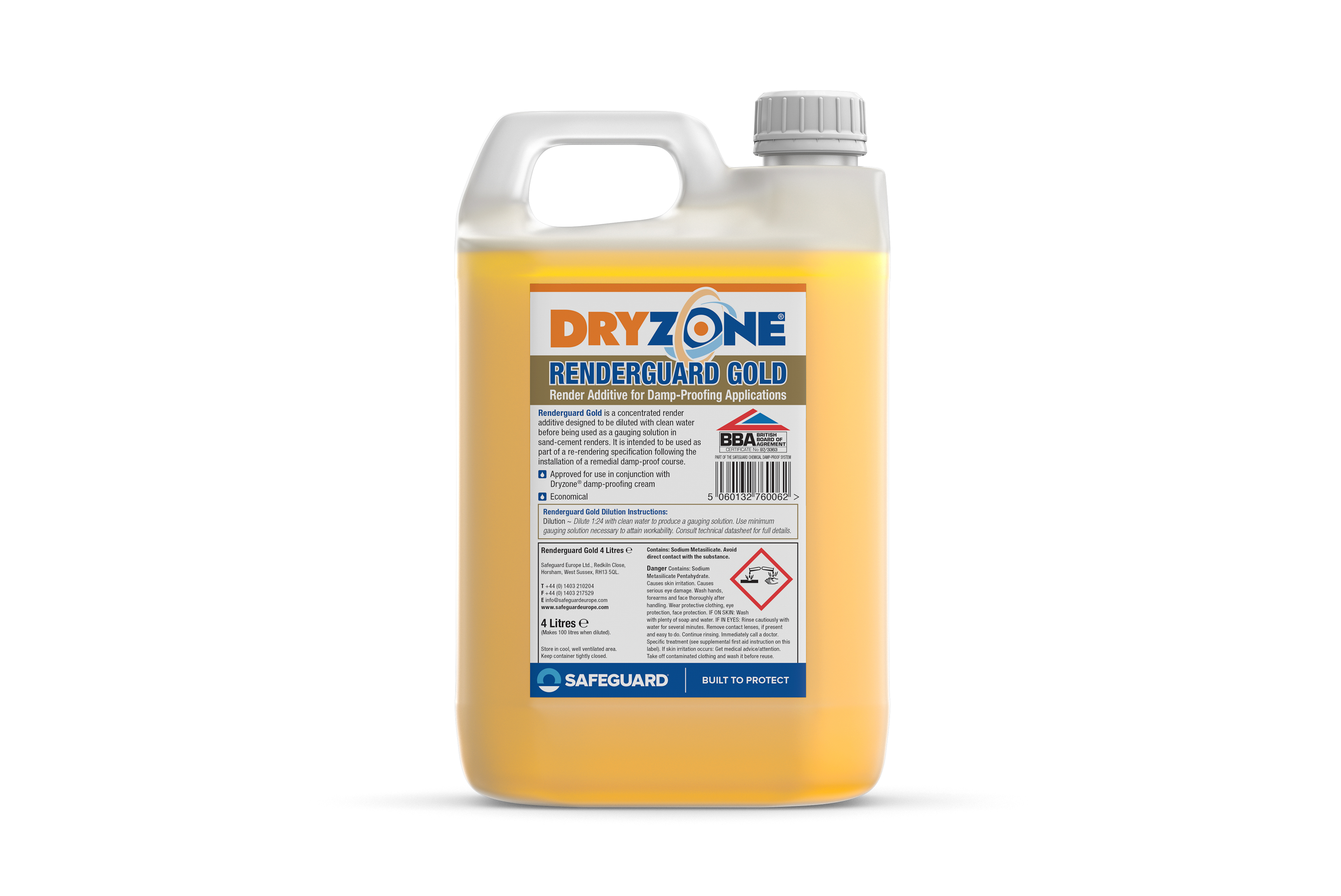 Dryzone Renderguard Gold Render Additive on for Damp-Proofing Applications.