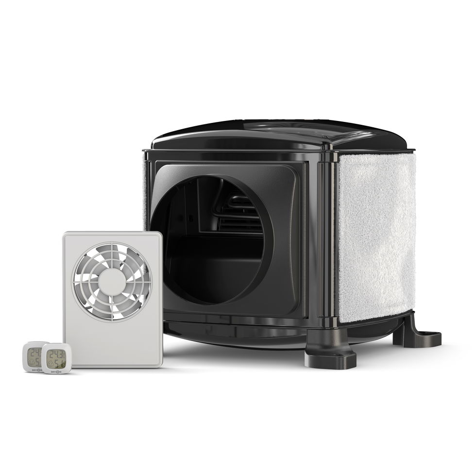 Dryzone Ventilation bundle. PIV dMEV Fan and 2 Hygrometers. White background.