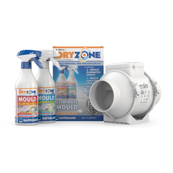 Dryzone In-Line Fan and 450ml Mould Removal and Prevention Kit (white b/g)