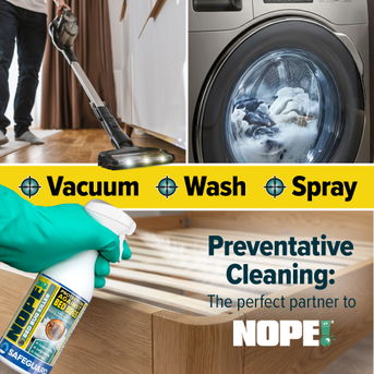 Vacuum, wash and spray with NOPE! Bed Bug Spray.