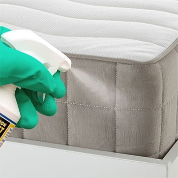 Someone wearing gloves is spraying a product on the bed.