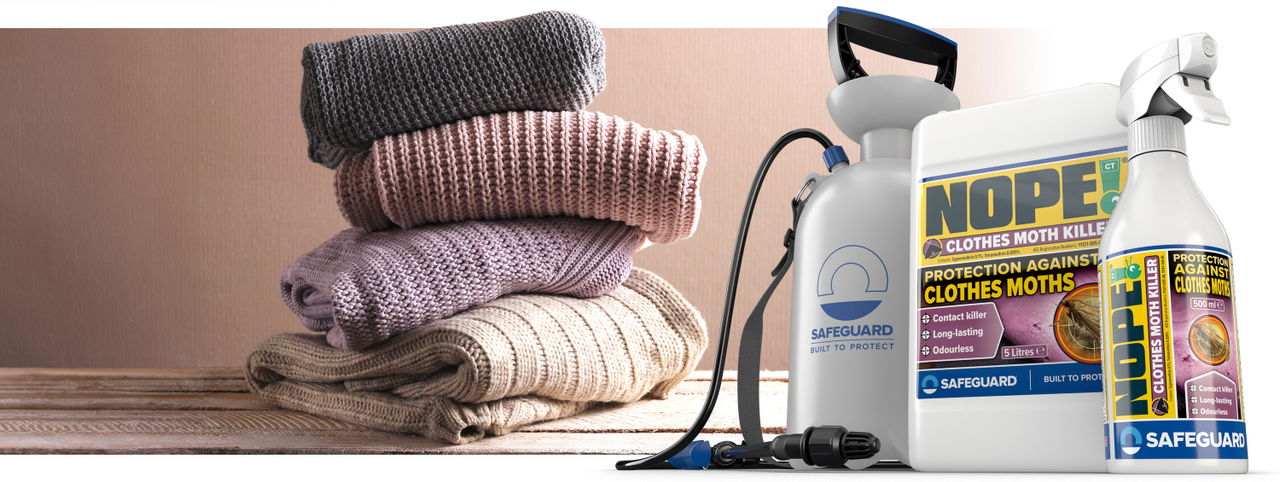 On the left, a neat pile of lavender-coloured clothes. On the right side, the NOPE! Moth Killer range.