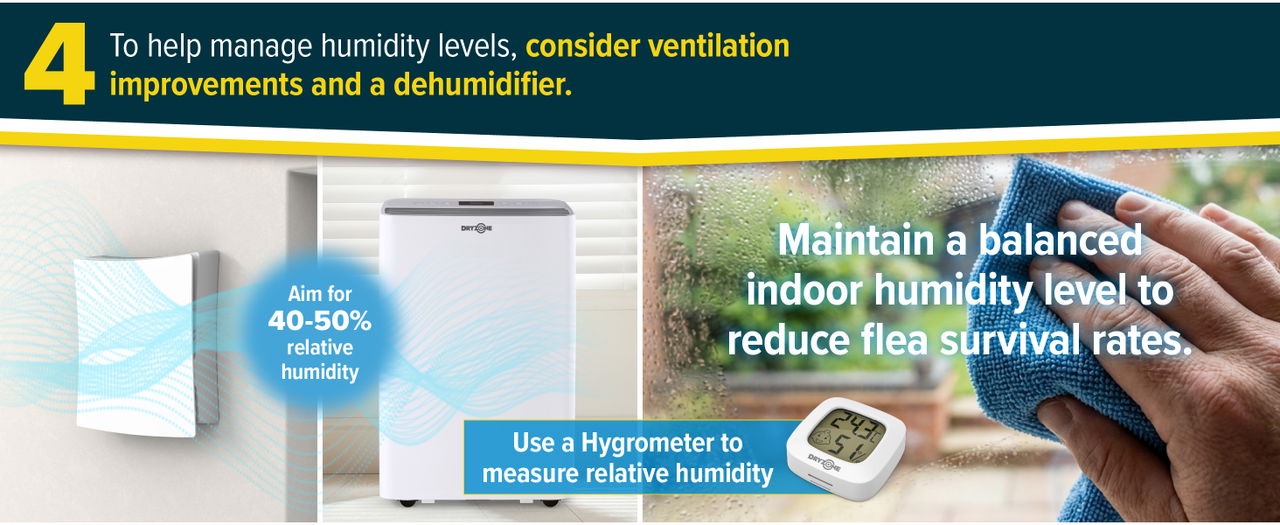 Maintain a balanced indoor humidity level to reduce fleas survival rates