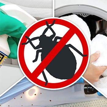 A crossed-out bed bug above a person spraying a product. Another person is putting clothes in the washing machine. Below, infection of bed bug.