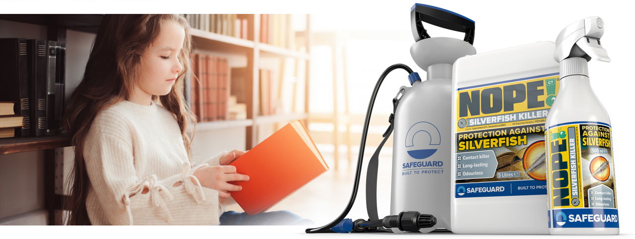 On the left, a girl reads in front of a bookcase. On the right, the NOPE! Silverfish Killer range.