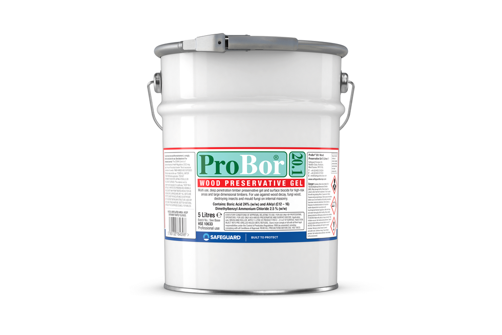 A 5 litres metal can of Probor 20.1 Wood Preservative Gel.