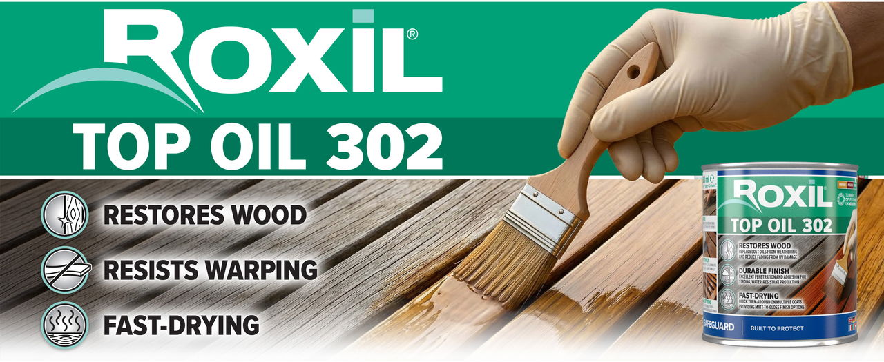 Roxil Top Oil 302 restores wood, resists warping and dries fast.