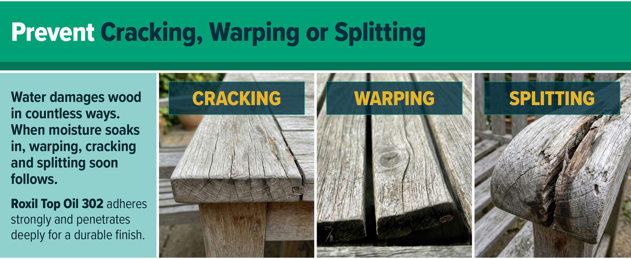 Prevent cracking, warping or splitting with Roxil Top Oil 302.