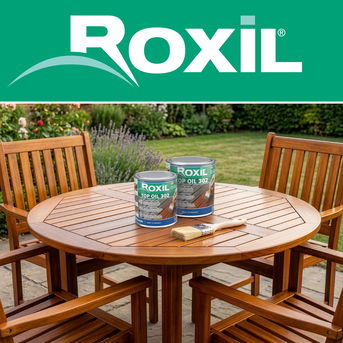 Roxil Top Oil 302 500ml and 1L on a wooden garden table, with chairs.
