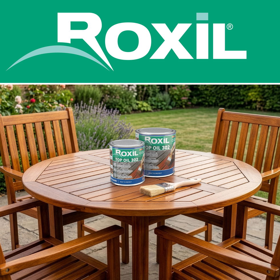 Roxil Top Oil 302 500ml and 1L on a wooden garden table, with chairs.
