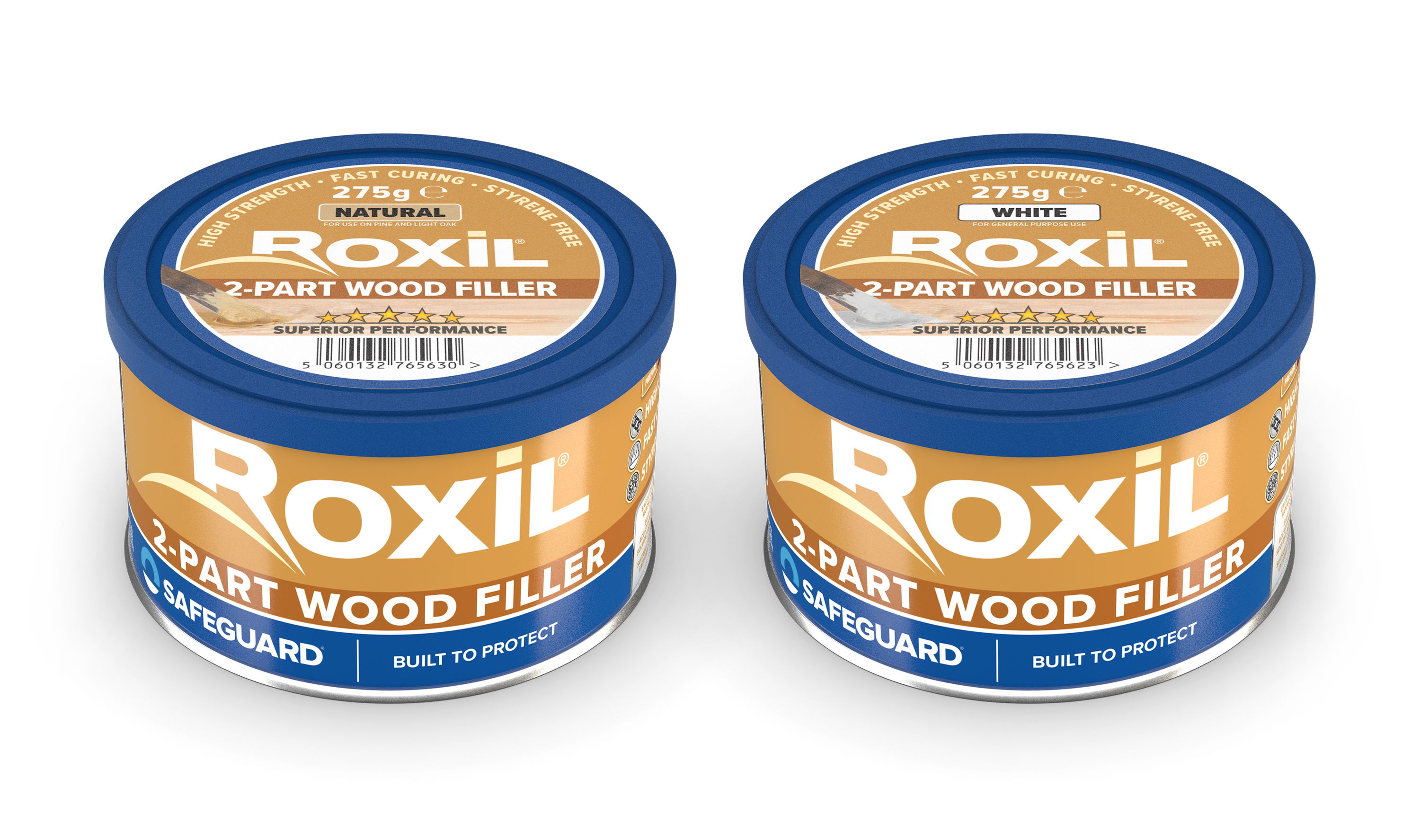 Natural and White colour tubs of Roxil 2-part Wood filler 275 g.